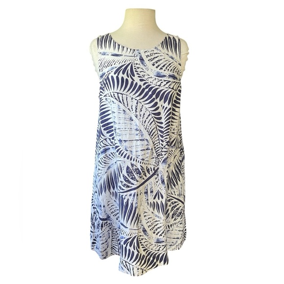 Tahari 100% Linen Dress L Shift Sleeveless Tropical Palm Blue Pockets Summer - Picture 1 of 5